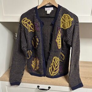 Vtg 90s Grandmacore Hand Knit Leaf Cardigan Sweater M Art to Wear Segrets Sun